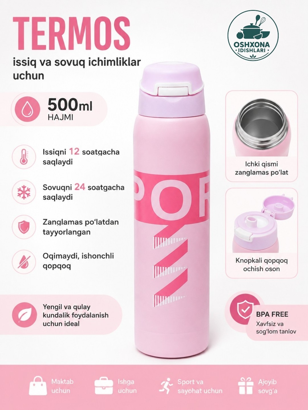 Termos 0,5 l, vacuum termos, issiq va sovuq saqlaydigan termos, vakuum termiz - 