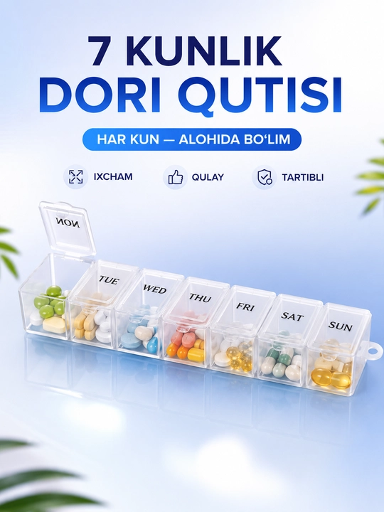7 kunlik tabletkalar va vitaminlar uchun organayzer, 7 bo‘limli tabletka qutisi - 