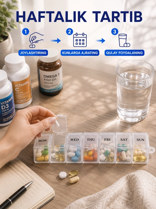 7 kunlik tabletkalar va vitaminlar uchun organayzer, 7 bo‘limli tabletka qutisi