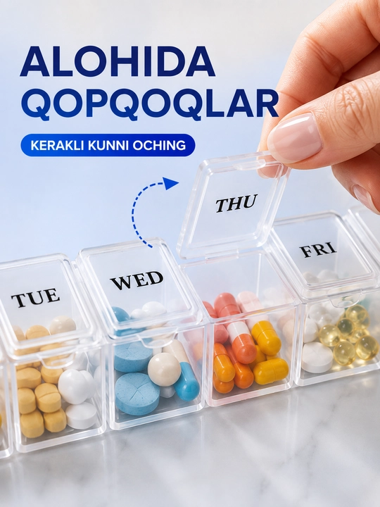 7 kunlik tabletkalar va vitaminlar uchun organayzer, 7 bo‘limli tabletka qutisi
