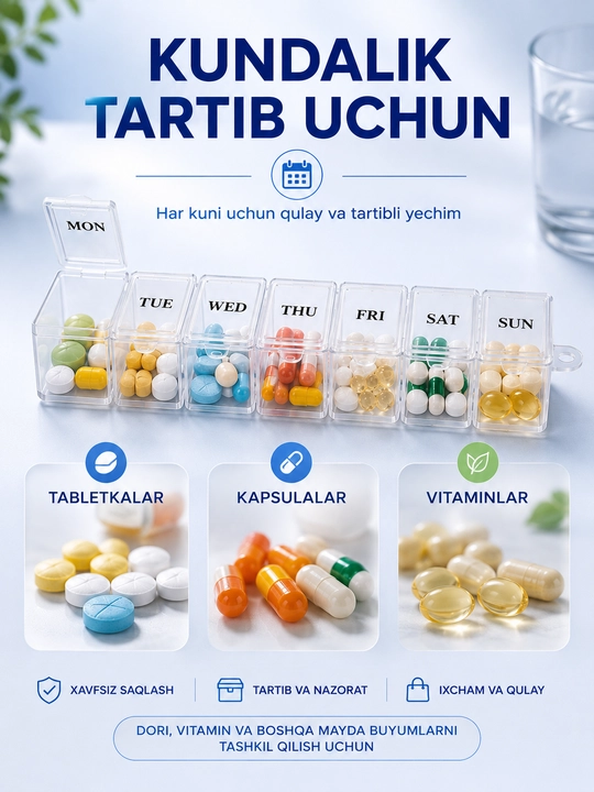 7 kunlik tabletkalar va vitaminlar uchun organayzer, 7 bo‘limli tabletka qutisi