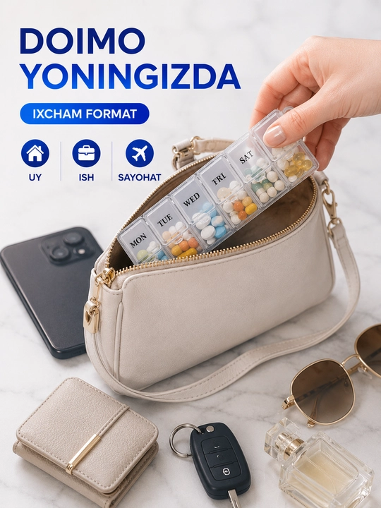 7 kunlik tabletkalar va vitaminlar uchun organayzer, 7 bo‘limli tabletka qutisi