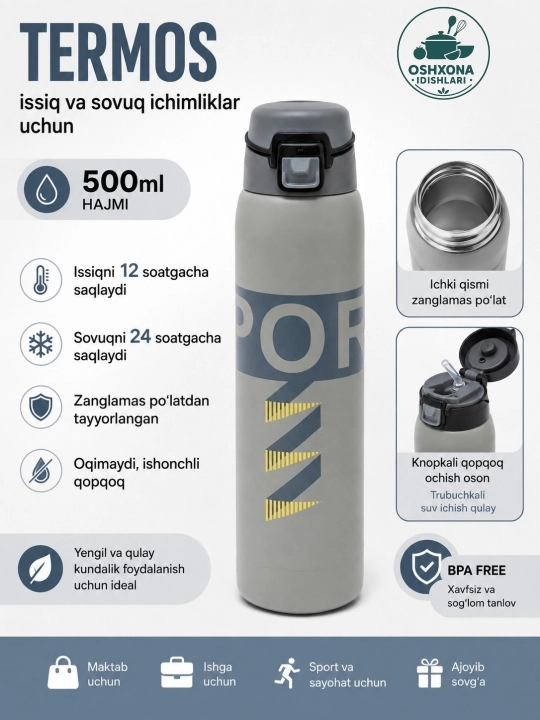 Termos 0,5 l, vacuum termos, issiq va sovuq saqlaydigan termos, vakuum termiz - 