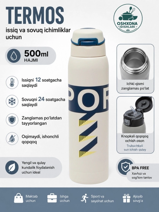 Termos 0,5 l, vacuum termos, issiq va sovuq saqlaydigan termos, vakuum termiz - 