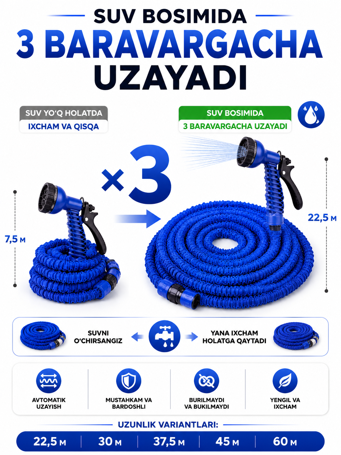 Cho‘ziluvchi bog‘ shlangi – 22.5 m dan 60 metrgacha!