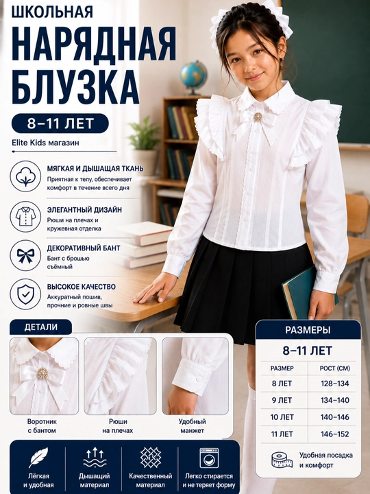 Школьная блузка для девочки 8–11 лет белая с рюшами и кружевом хлопок
