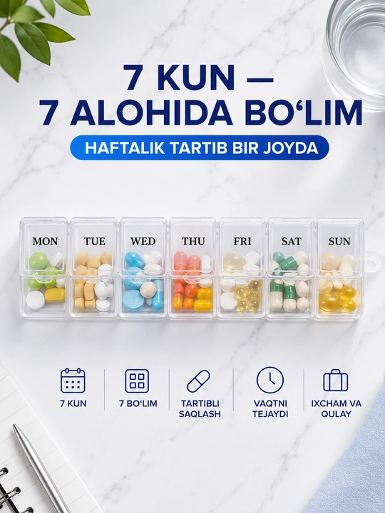 7 kunlik dori va vitaminlar uchun organayzer, 7 bo‘limli tabletka qutisi