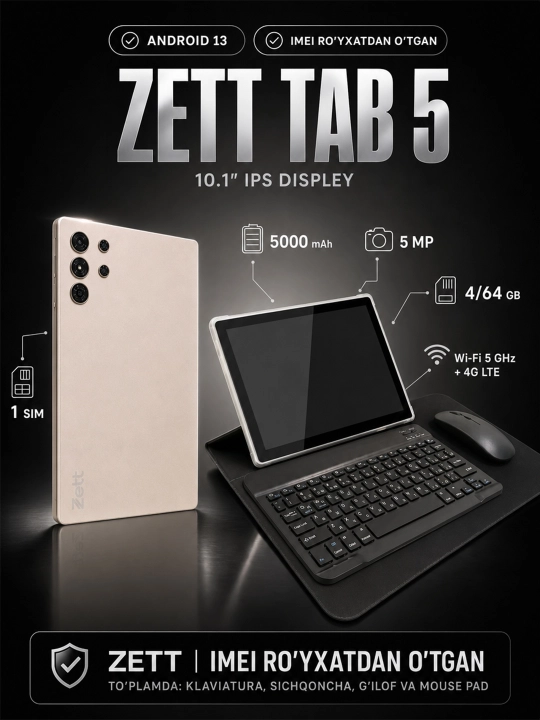 Planshet Zett Tab 5 10.1" IPS 4GB, 64GB, Android 13, 4G LTE, IMEI ro'yxatdan o'tgan - 