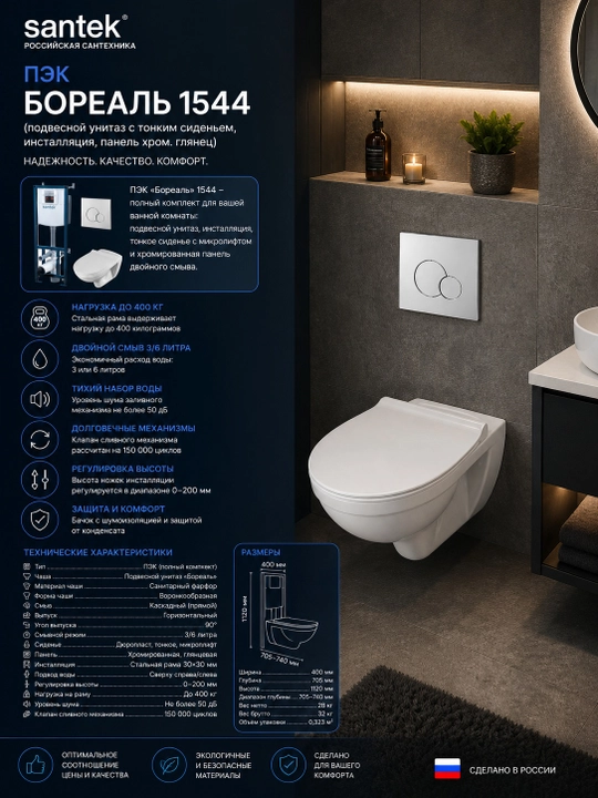 ПЭК Santek Бореаль: подвесная чаша + инсталляция + сиденье с микролифтом