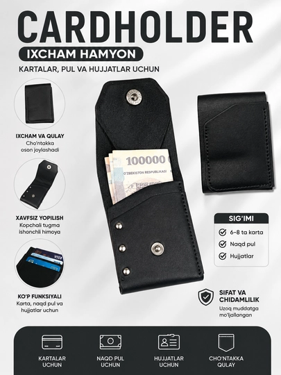 Erkaklar hamyoni, kartxolder, qisqichli, kartalar va pullar uchun eko-charm mini-hamyon - 