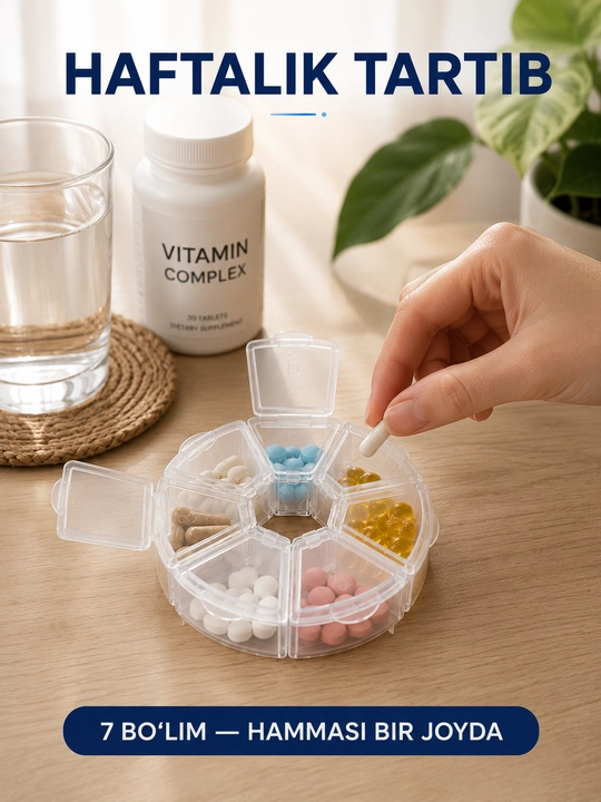 7 kunlik tabletkalar va vitaminlar uchun organayzer, 7 bo‘limli tabletka qutisi