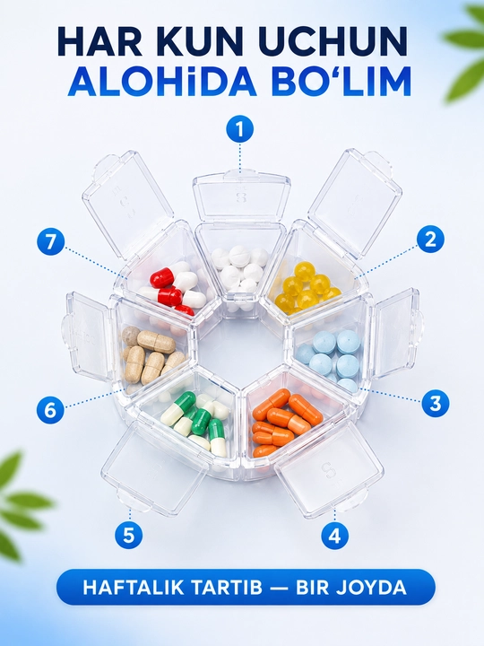 7 kunlik tabletkalar va vitaminlar uchun organayzer, 7 bo‘limli tabletka qutisi