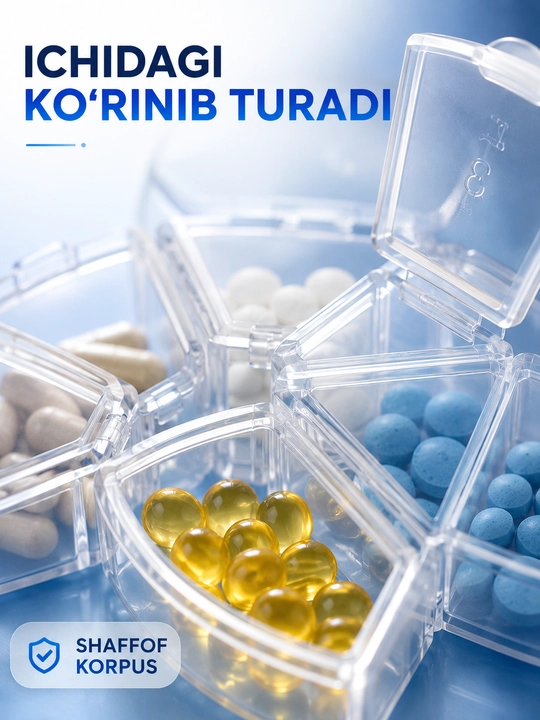 7 kunlik tabletkalar va vitaminlar uchun organayzer, 7 bo‘limli tabletka qutisi