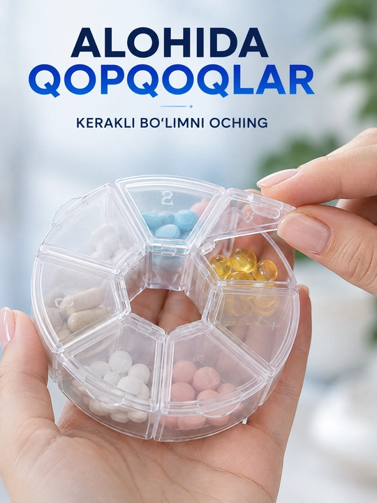 7 kunlik tabletkalar va vitaminlar uchun organayzer, 7 bo‘limli tabletka qutisi
