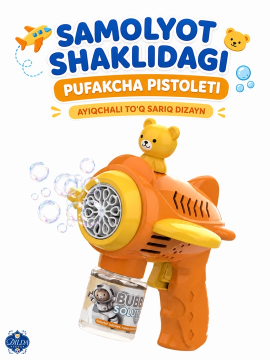 Avtomatik sovun pufagi pistoleti, LED chiroqli, eritmasi bilan, 3 yoshdan bolalar uchun