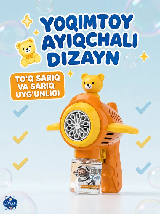 Avtomatik sovun pufagi pistoleti, LED chiroqli, eritmasi bilan, 3 yoshdan bolalar uchun