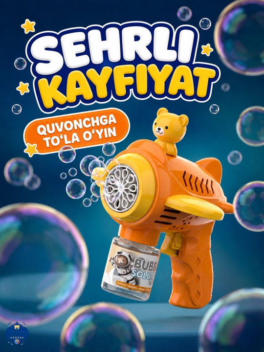 Avtomatik sovun pufagi pistoleti, LED chiroqli, eritmasi bilan, 3 yoshdan bolalar uchun