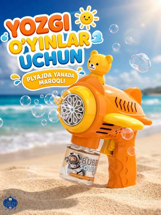 Avtomatik sovun pufagi pistoleti, LED chiroqli, eritmasi bilan, 3 yoshdan bolalar uchun