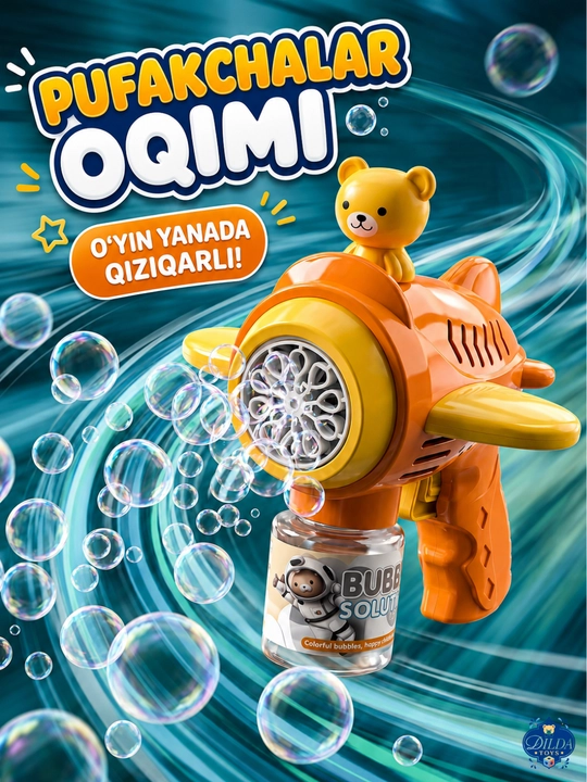 Avtomatik sovun pufagi pistoleti, LED chiroqli, eritmasi bilan, 3 yoshdan bolalar uchun