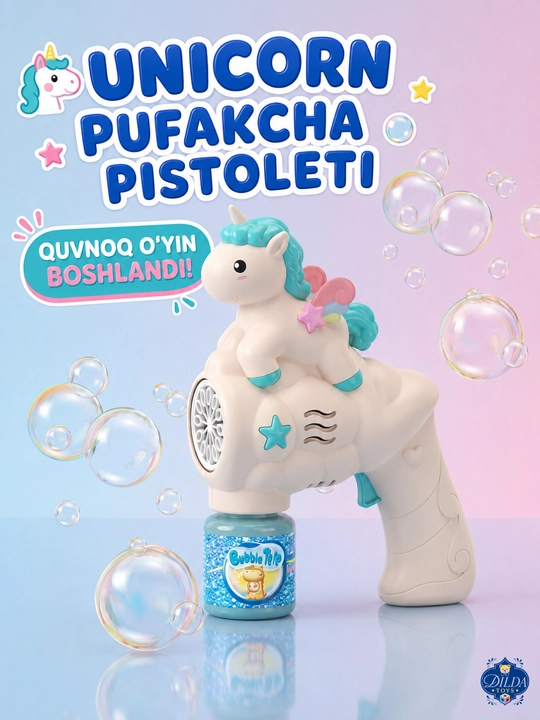 Avtomatik sovun pufagi pistoleti, LED chiroqli, eritmasi bilan, 3 yoshdan bolalar uchun