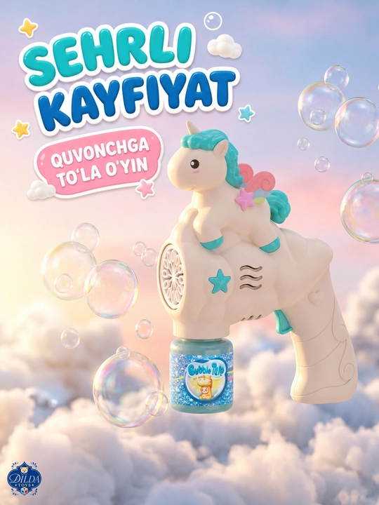 Avtomatik sovun pufagi pistoleti, LED chiroqli, eritmasi bilan, 3 yoshdan bolalar uchun