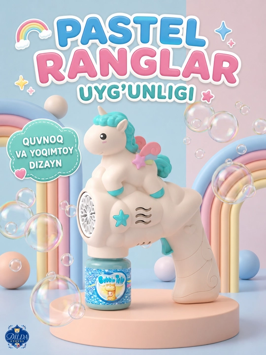 Avtomatik sovun pufagi pistoleti, LED chiroqli, eritmasi bilan, 3 yoshdan bolalar uchun