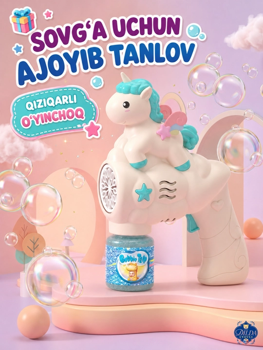 Avtomatik sovun pufagi pistoleti, LED chiroqli, eritmasi bilan, 3 yoshdan bolalar uchun