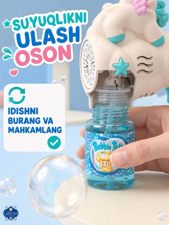 Avtomatik sovun pufagi pistoleti, LED chiroqli, eritmasi bilan, 3 yoshdan bolalar uchun