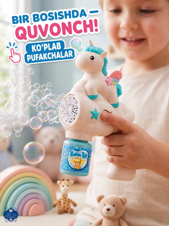 Avtomatik sovun pufagi pistoleti, LED chiroqli, eritmasi bilan, 3 yoshdan bolalar uchun