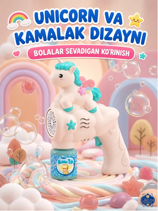 Avtomatik sovun pufagi pistoleti, LED chiroqli, eritmasi bilan, 3 yoshdan bolalar uchun