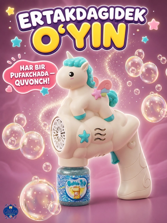 Avtomatik sovun pufagi pistoleti, LED chiroqli, eritmasi bilan, 3 yoshdan bolalar uchun