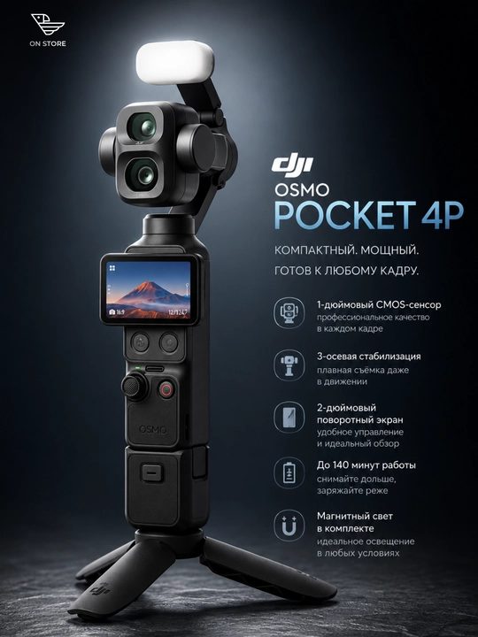 DJI Osmo Pocket 4P Vlog Combo 3 o‘qli stabilizatorli vlog kamerasi