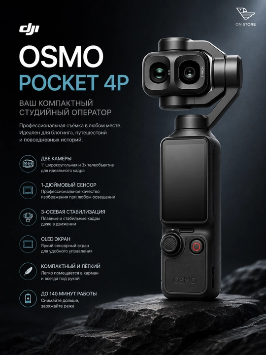 DJI Osmo Pocket 4P Vlog Combo 3 o‘qli stabilizatorli vlog kamerasi