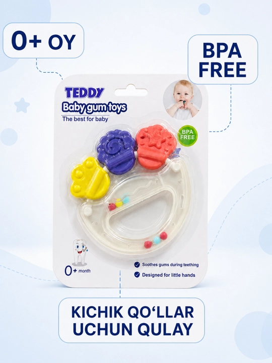 Погремушка-прорезыватель TEDDY для малышей, массажёр для дёсен, BPA Free, 0+