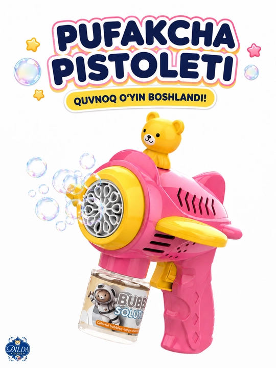 Avtomatik sovun pufagi pistoleti, LED chiroqli, eritmasi bilan, 3 yoshdan bolalar uchun