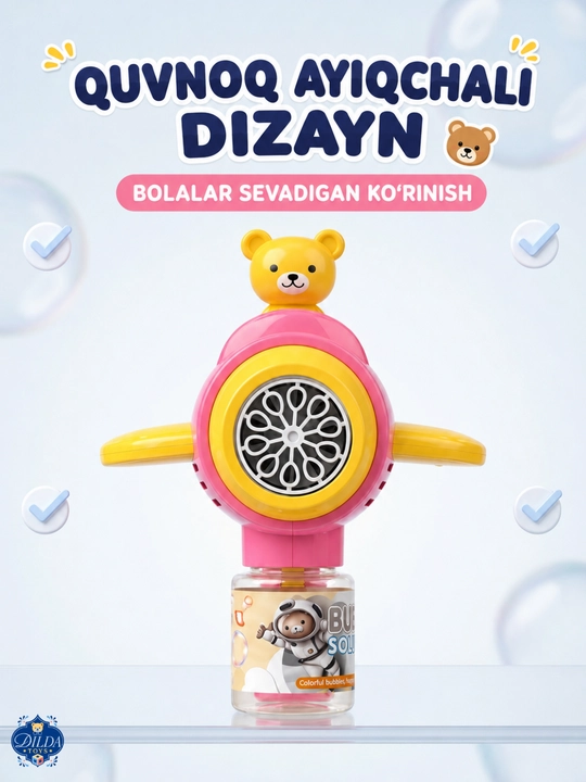 Avtomatik sovun pufagi pistoleti, LED chiroqli, eritmasi bilan, 3 yoshdan bolalar uchun