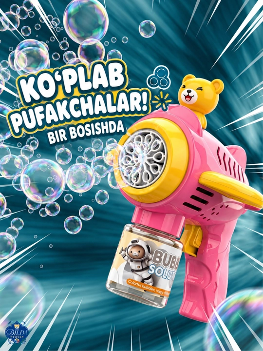 Avtomatik sovun pufagi pistoleti, LED chiroqli, eritmasi bilan, 3 yoshdan bolalar uchun