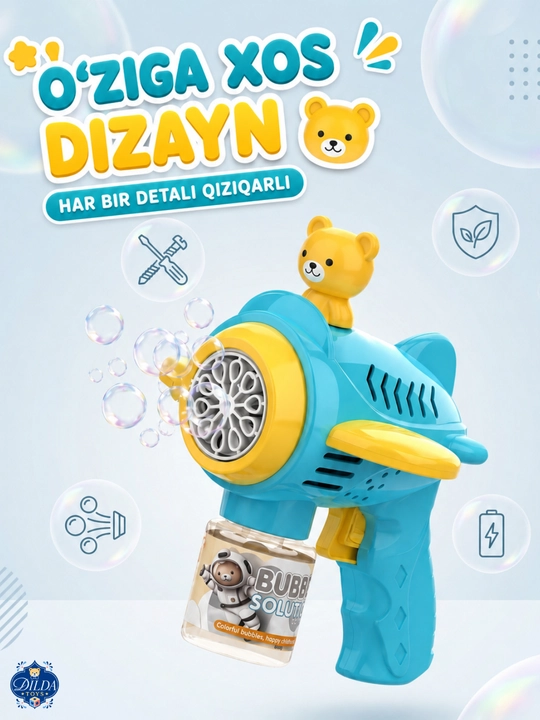 Avtomatik sovun pufagi pistoleti, LED chiroqli, eritmasi bilan, 3 yoshdan bolalar uchun