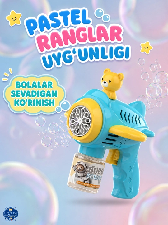 Avtomatik sovun pufagi pistoleti, LED chiroqli, eritmasi bilan, 3 yoshdan bolalar uchun