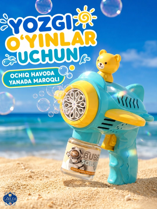 Avtomatik sovun pufagi pistoleti, LED chiroqli, eritmasi bilan, 3 yoshdan bolalar uchun