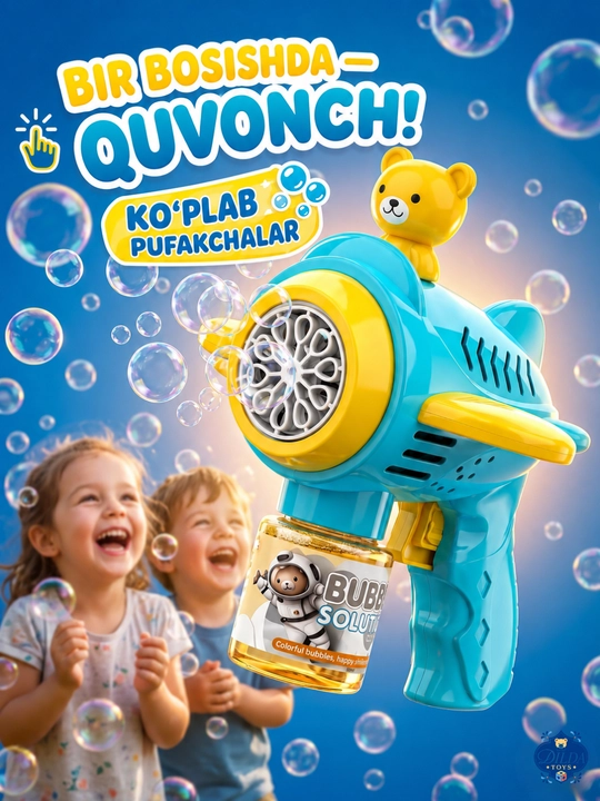 Avtomatik sovun pufagi pistoleti, LED chiroqli, eritmasi bilan, 3 yoshdan bolalar uchun