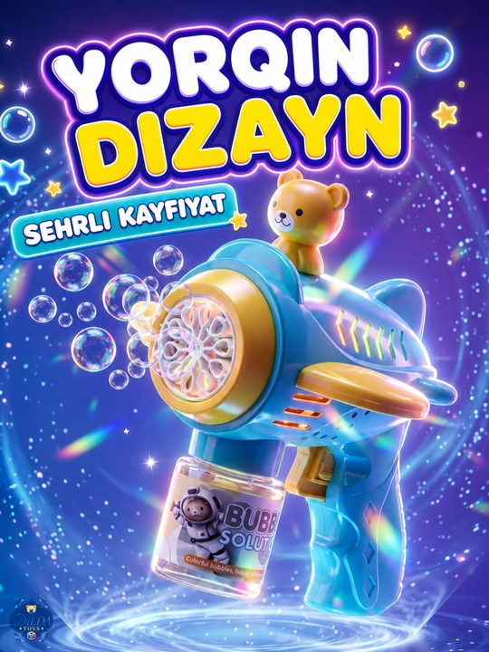 Avtomatik sovun pufagi pistoleti, LED chiroqli, eritmasi bilan, 3 yoshdan bolalar uchun