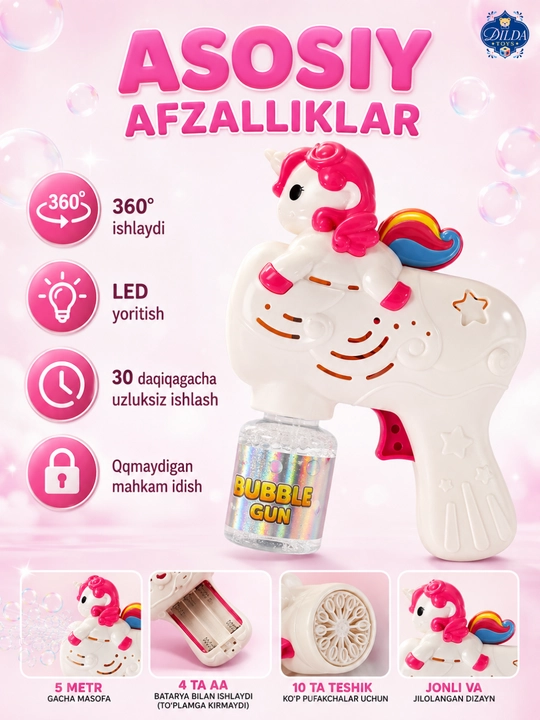 Avtomatik sovun pufagi pistoleti, LED chiroqli, eritmasi bilan, 3 yoshdan bolalar uchun