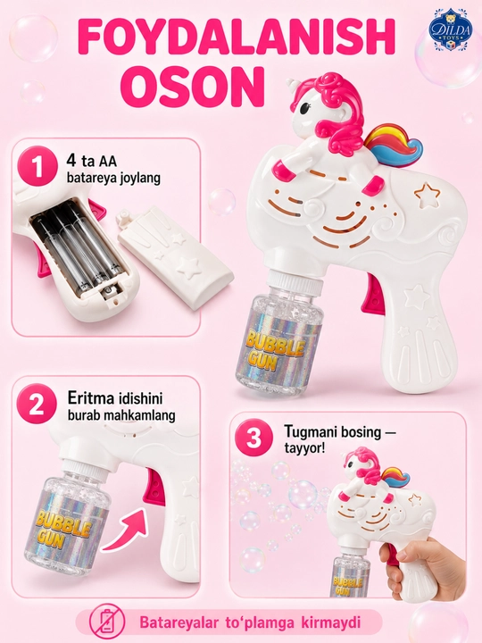 Avtomatik sovun pufagi pistoleti, LED chiroqli, eritmasi bilan, 3 yoshdan bolalar uchun