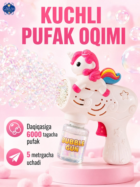Avtomatik sovun pufagi pistoleti, LED chiroqli, eritmasi bilan, 3 yoshdan bolalar uchun