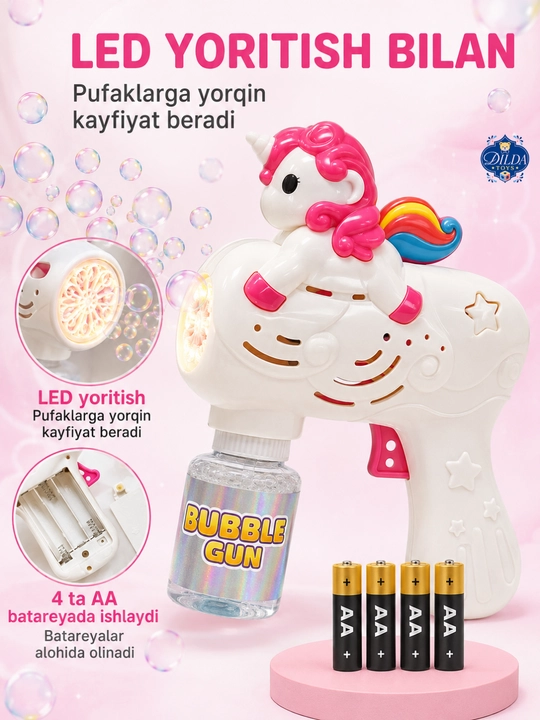 Avtomatik sovun pufagi pistoleti, LED chiroqli, eritmasi bilan, 3 yoshdan bolalar uchun