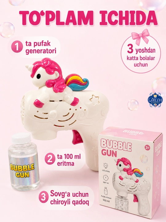 Avtomatik sovun pufagi pistoleti, LED chiroqli, eritmasi bilan, 3 yoshdan bolalar uchun