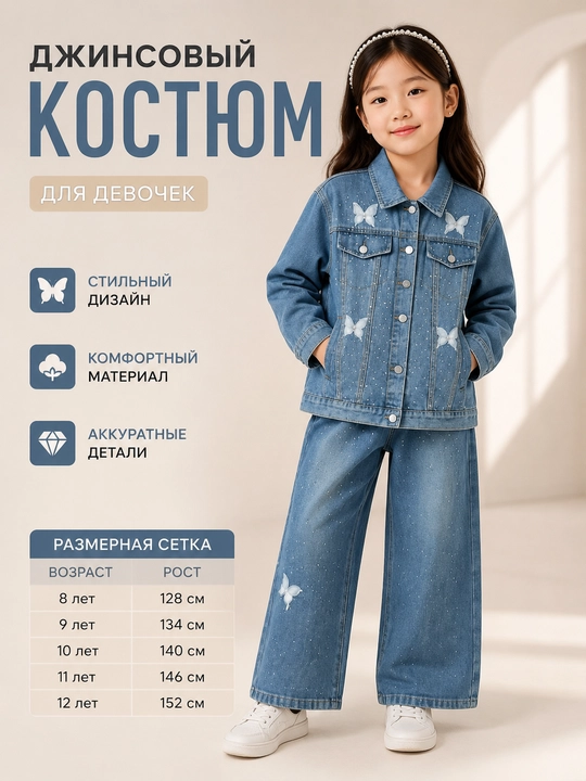 Джинсовый костюм двойка, девочке, широкие брюки, деним - 