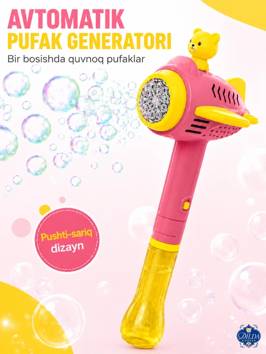 Avtomatik sovun pufagi pistoleti, LED chiroqli, eritmasi bilan, 3 yoshdan bolalar uchun