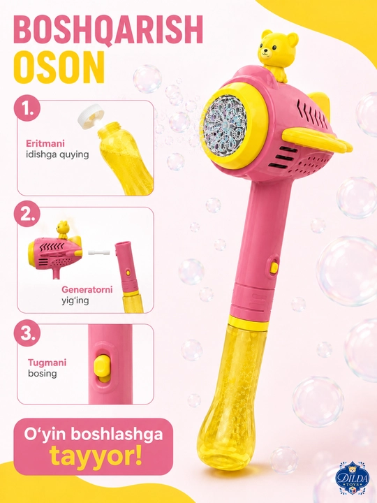 Avtomatik sovun pufagi pistoleti, LED chiroqli, eritmasi bilan, 3 yoshdan bolalar uchun